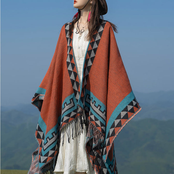 Chal con borlas y diseño geométrico de rombos tibetanos de color naranja y Buddha Stones para otoño e invierno