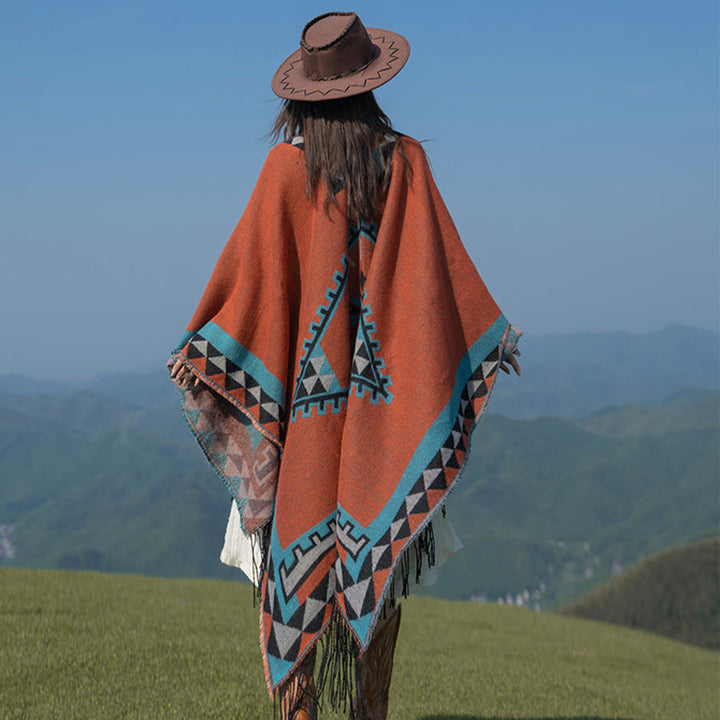 Chal con borlas y diseño geométrico de rombos tibetanos de color naranja y Buddha Stones para otoño e invierno - image 4