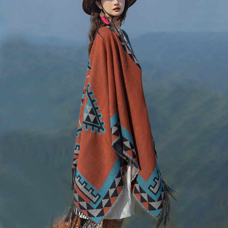 Chal con borlas y diseño geométrico de rombos tibetanos de color naranja y Buddha Stones para otoño e invierno