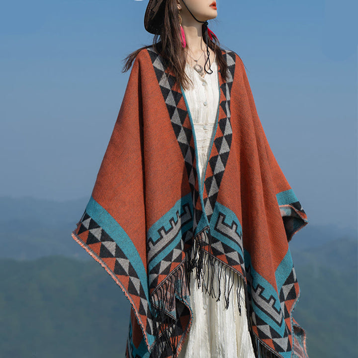Chal con borlas y diseño geométrico de rombos tibetanos de color naranja y Buddha Stones para otoño e invierno - image 2