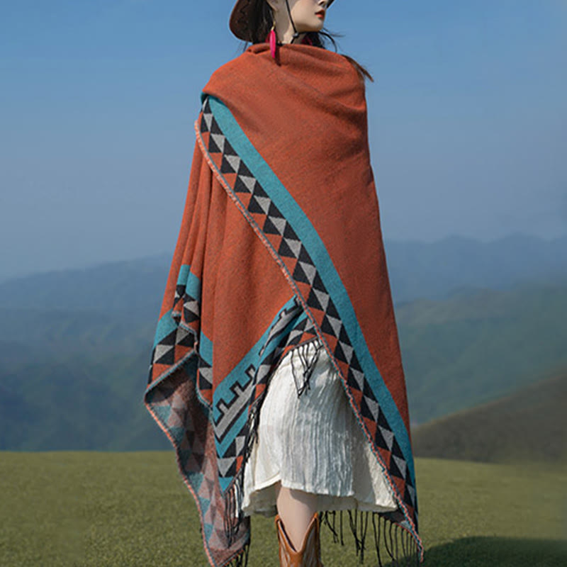 Chal con borlas y diseño geométrico de rombos tibetanos de color naranja y Buddha Stones para otoño e invierno