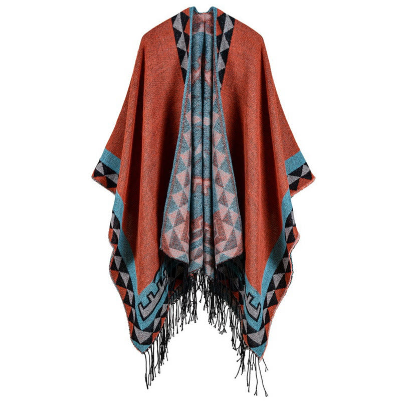 Chal con borlas y diseño geométrico de rombos tibetanos de color naranja y Buddha Stones para otoño e invierno - image 21