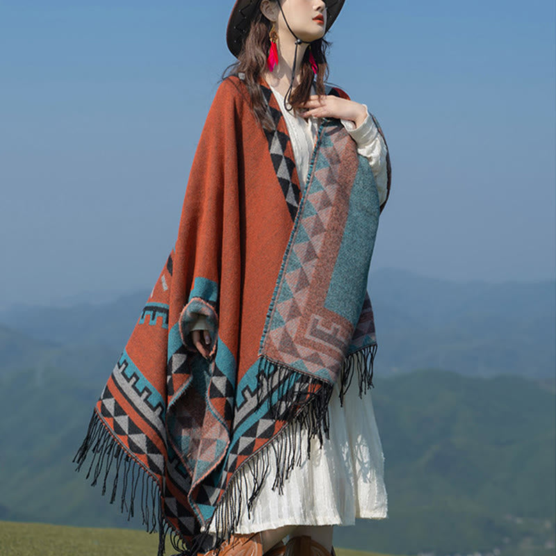 Chal con borlas y diseño geométrico de rombos tibetanos de color naranja y Buddha Stones para otoño e invierno