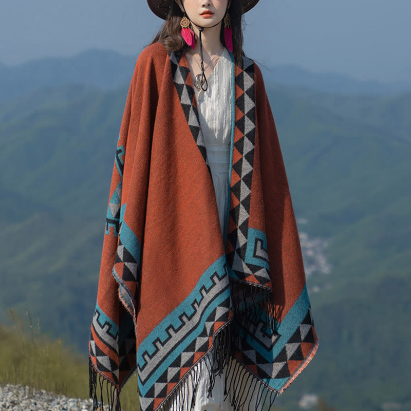 Chal con borlas y diseño geométrico de rombos tibetanos de color naranja y Buddha Stones para otoño e invierno - image 1