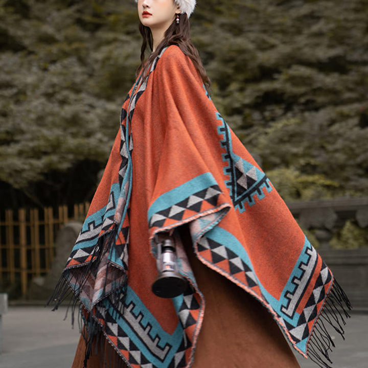Chal con borlas y diseño geométrico de rombos tibetanos de color naranja y Buddha Stones para otoño e invierno - image 12