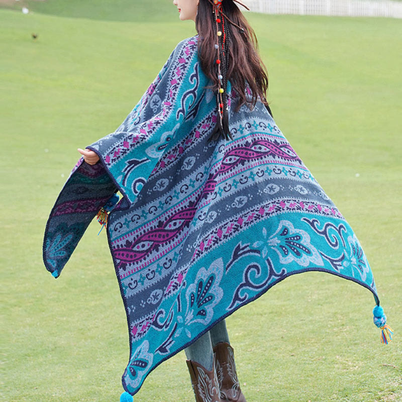 Chal cálido y suave con diseño de flores y rayas horizontales geométricas tibetanas con Buddha Stones para otoño e invierno - Azul 160*135 cm - image 0