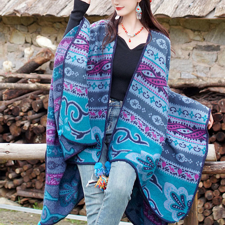 Chal cálido y suave con diseño de flores y rayas horizontales geométricas tibetanas con Buddha Stones para otoño e invierno