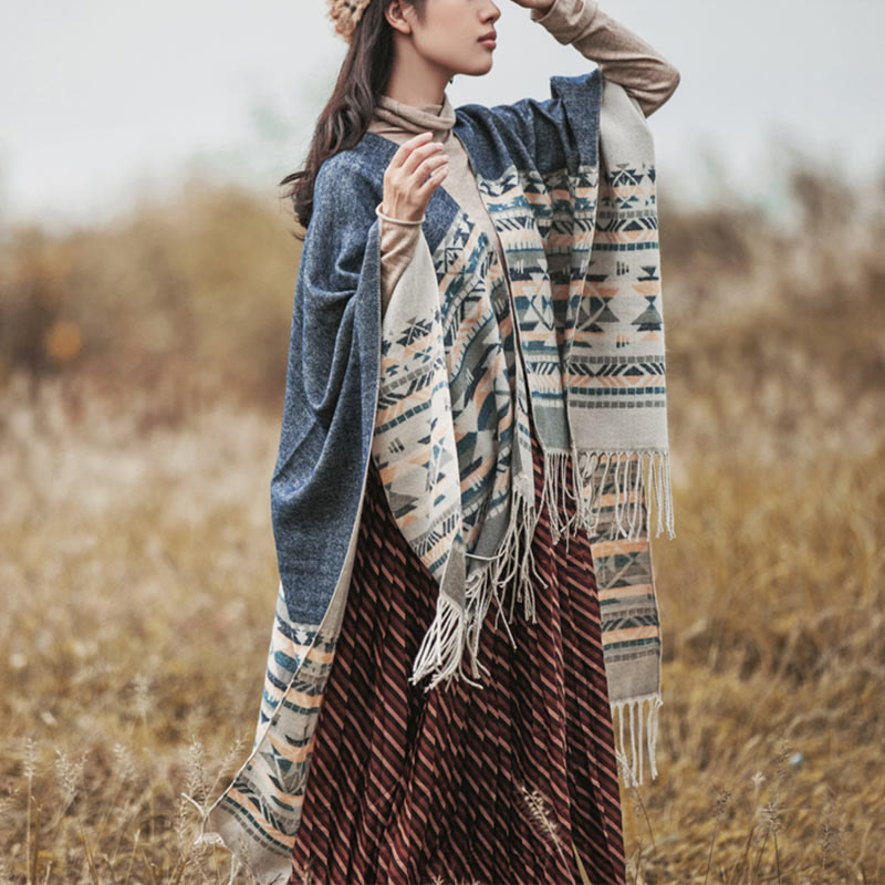 Chal con borlas y diseño geométrico de rombos tibetanos con Buddha Stones para otoño e invierno, cálido y acogedor