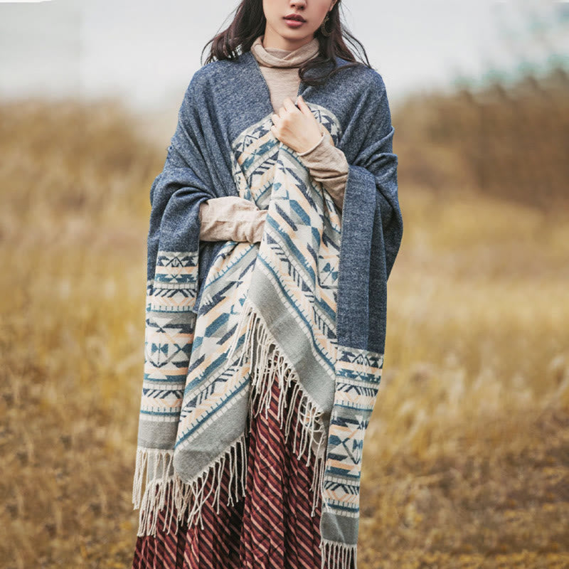 Chal con borlas y diseño geométrico de rombos tibetanos con Buddha Stones para otoño e invierno, cálido y acogedor