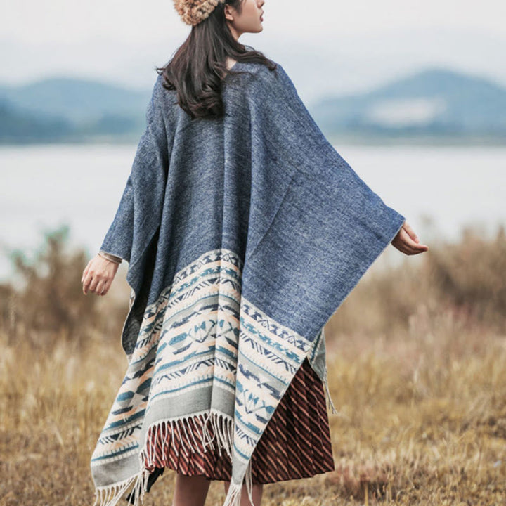 Chal con borlas y diseño geométrico de rombos tibetanos con Buddha Stones para otoño e invierno, cálido y acogedor