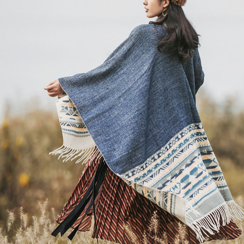 Chal con borlas y diseño geométrico de rombos tibetanos con Buddha Stones para otoño e invierno, cálido y acogedor