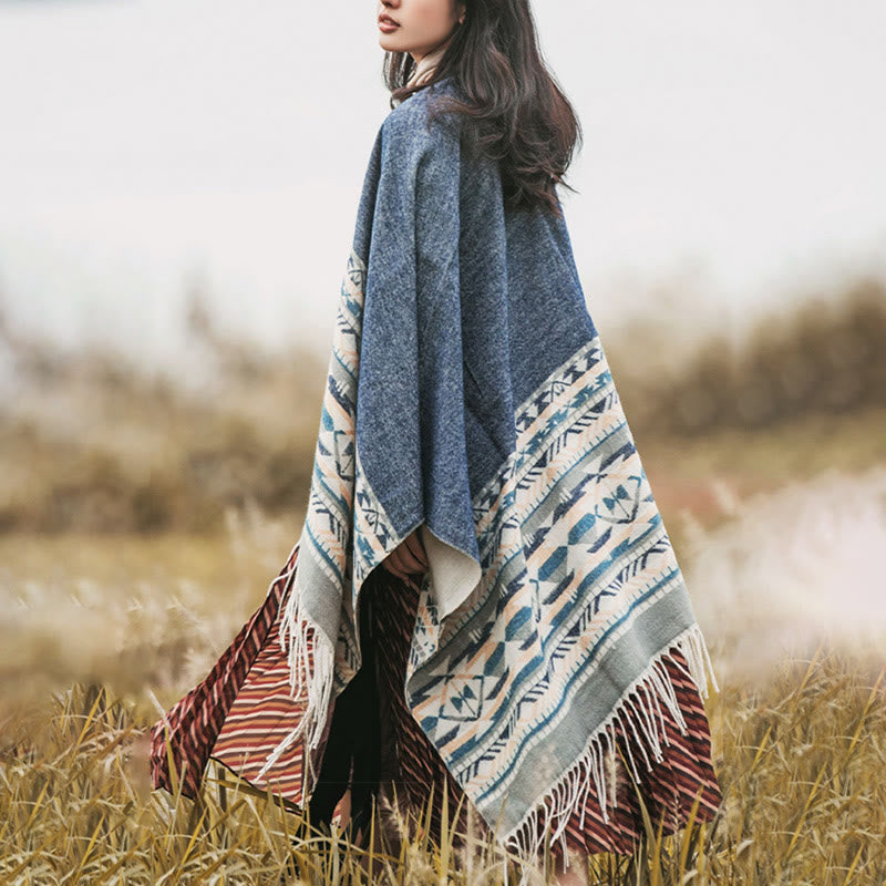 Chal con borlas y diseño geométrico de rombos tibetanos con Buddha Stones para otoño e invierno, cálido y acogedor
