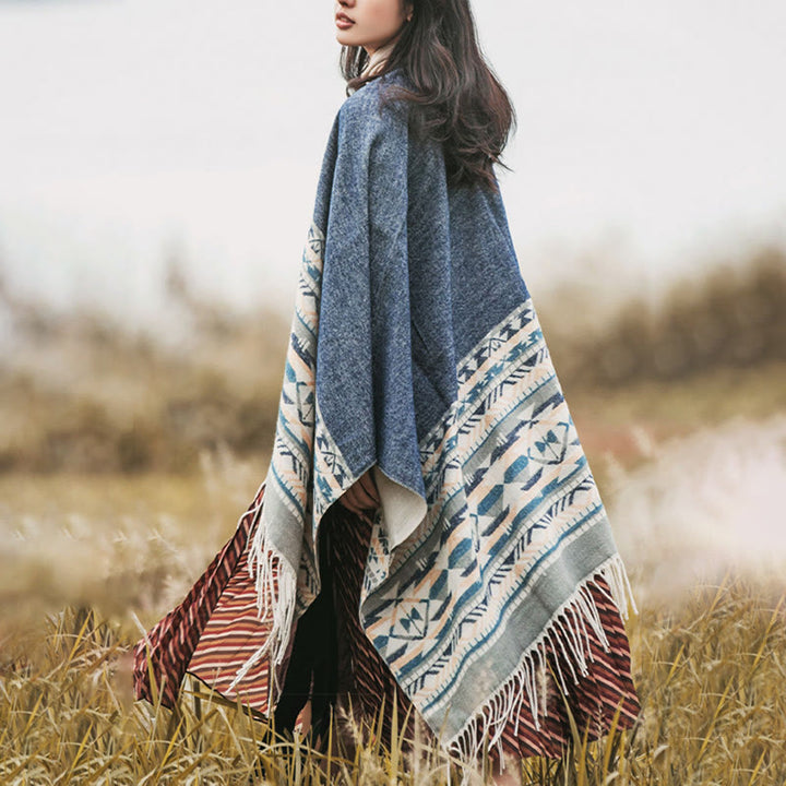 Chal con borlas y diseño geométrico de rombos tibetanos con Buddha Stones para otoño e invierno, cálido y acogedor