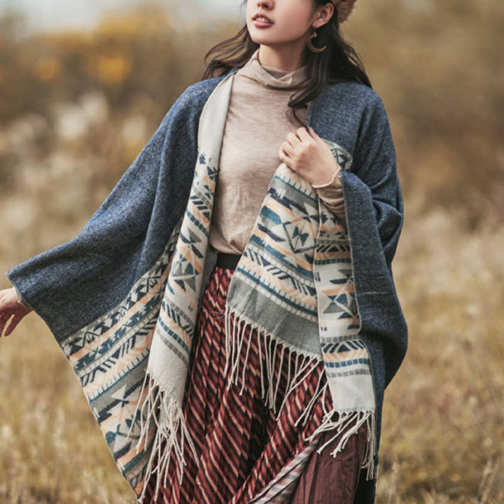 Chal con borlas y diseño geométrico de rombos tibetanos con Buddha Stones para otoño e invierno, cálido y acogedor