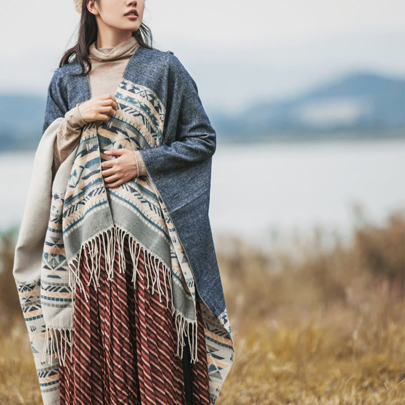 Chal con borlas y diseño geométrico de rombos tibetanos con Buddha Stones para otoño e invierno, cálido y acogedor