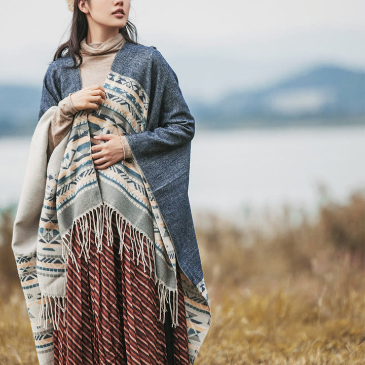 Chal con borlas y diseño geométrico de rombos tibetanos con Buddha Stones para otoño e invierno, cálido y acogedor