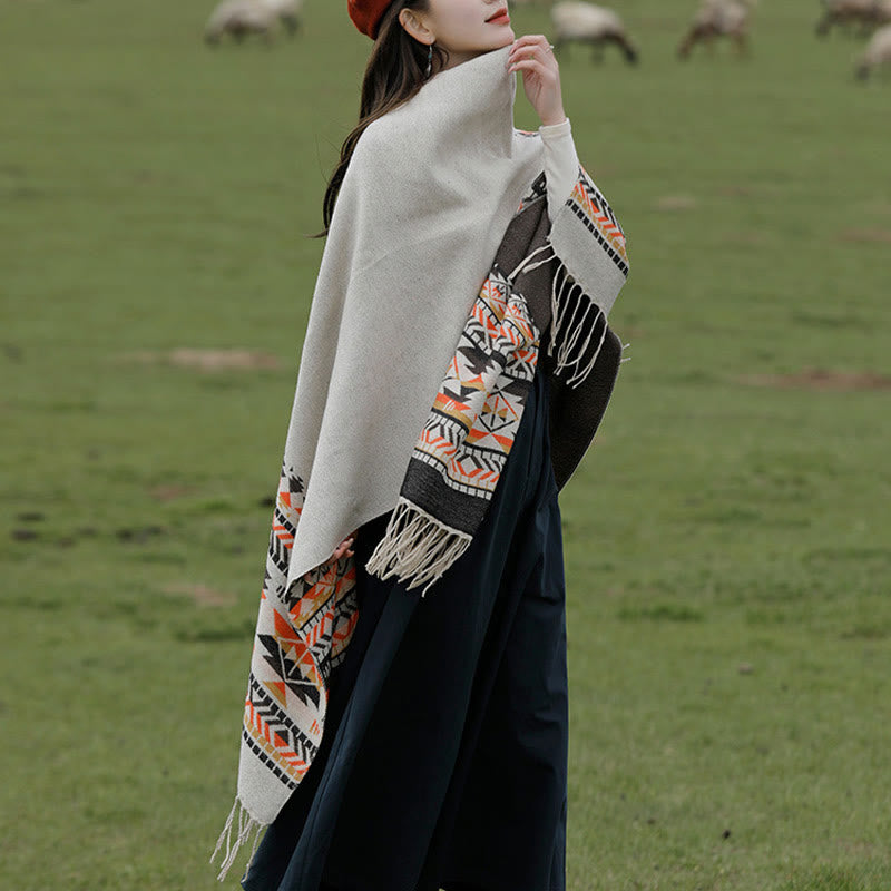Chal con borlas y diseño geométrico de rombos tibetanos con Buddha Stones para otoño e invierno, cálido y acogedor