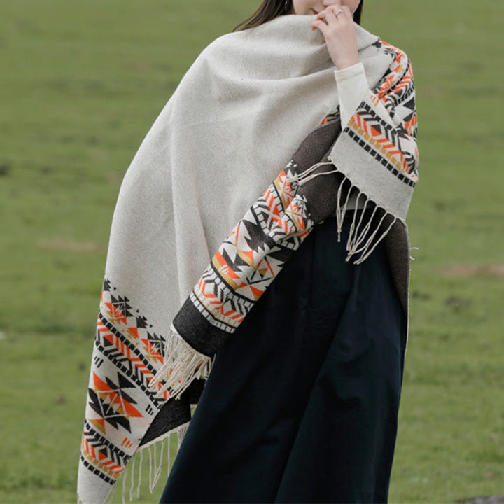 Chal con borlas y diseño geométrico de rombos tibetanos con Buddha Stones para otoño e invierno, cálido y acogedor