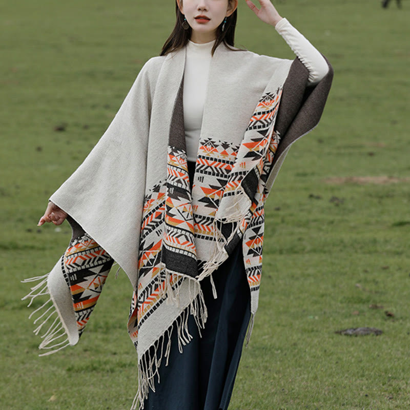 Chal con borlas y diseño geométrico de rombos tibetanos con Buddha Stones para otoño e invierno, cálido y acogedor