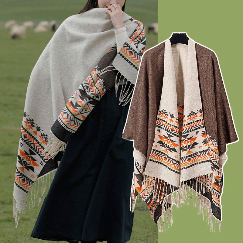 Chal con borlas y diseño geométrico de rombos tibetanos con Buddha Stones para otoño e invierno, cálido y acogedor