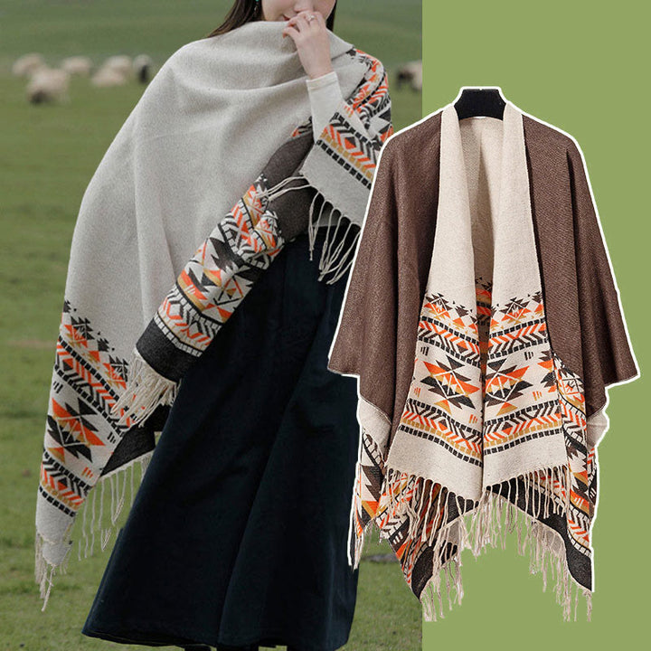 Chal con borlas y diseño geométrico de rombos tibetanos con Buddha Stones para otoño e invierno, cálido y acogedor