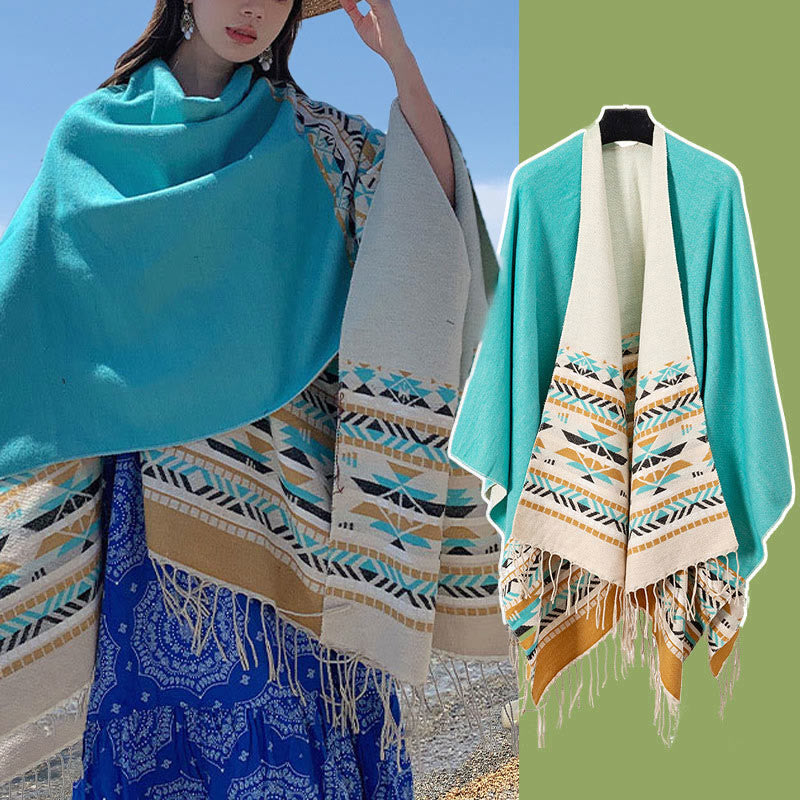 Chal con borlas y diseño geométrico de rombos tibetanos con Buddha Stones para otoño e invierno, cálido y acogedor