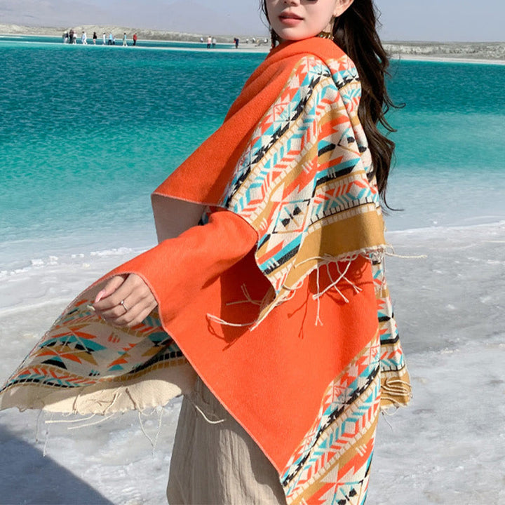Chal con borlas y diseño geométrico de rombos tibetanos con Buddha Stones para otoño e invierno, cálido y acogedor