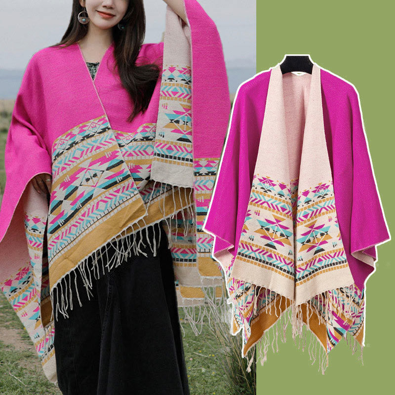 Chal con borlas y diseño geométrico de rombos tibetanos con Buddha Stones para otoño e invierno, cálido y acogedor