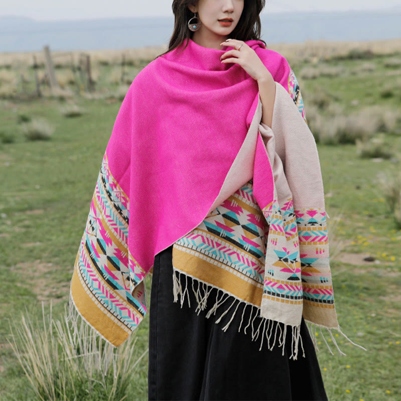 Chal con borlas y diseño geométrico de rombos tibetanos con Buddha Stones para otoño e invierno, cálido y acogedor