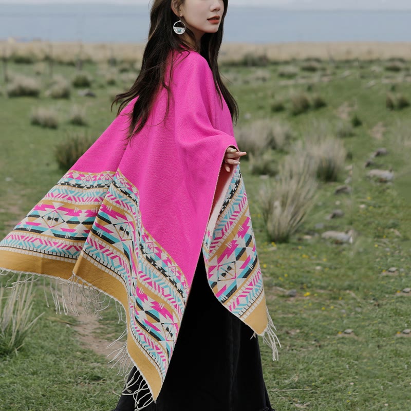 Chal con borlas y diseño geométrico de rombos tibetanos con Buddha Stones para otoño e invierno, cálido y acogedor