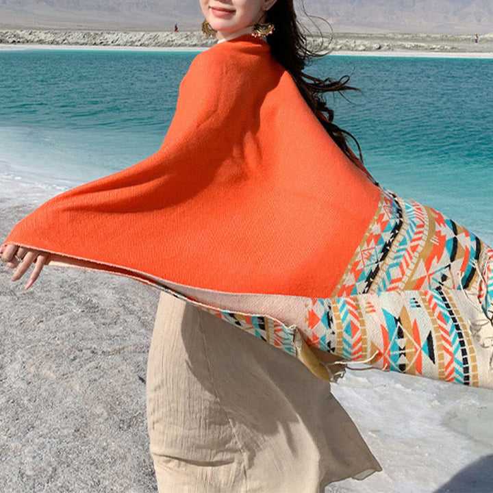 Chal con borlas y diseño geométrico de rombos tibetanos con Buddha Stones para otoño e invierno, cálido y acogedor