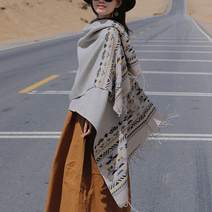 Chal con borlas y diseño geométrico de rombos tibetanos con Buddha Stones para otoño e invierno, cálido y acogedor