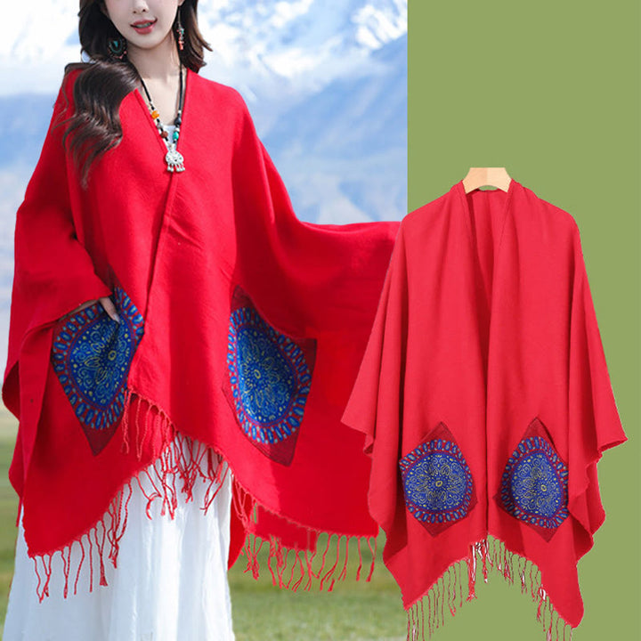 Chal con borlas y diseño de mandala redondo geométrico tibetano con Buddha Stones para otoño e invierno, bufanda acogedora con bolsillos