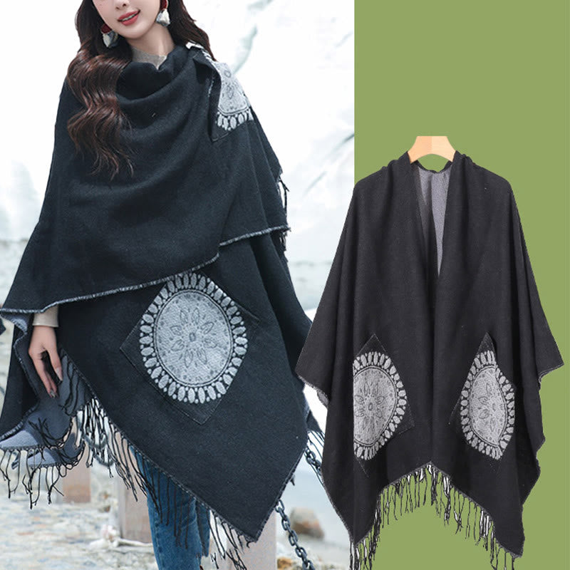 Chal con borlas y diseño de mandala redondo geométrico tibetano con Buddha Stones para otoño e invierno, bufanda acogedora con bolsillos