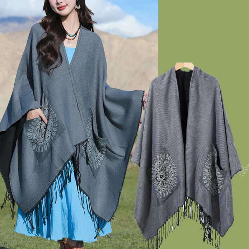 Chal con borlas y diseño de mandala redondo geométrico tibetano con Buddha Stones para otoño e invierno, bufanda acogedora con bolsillos