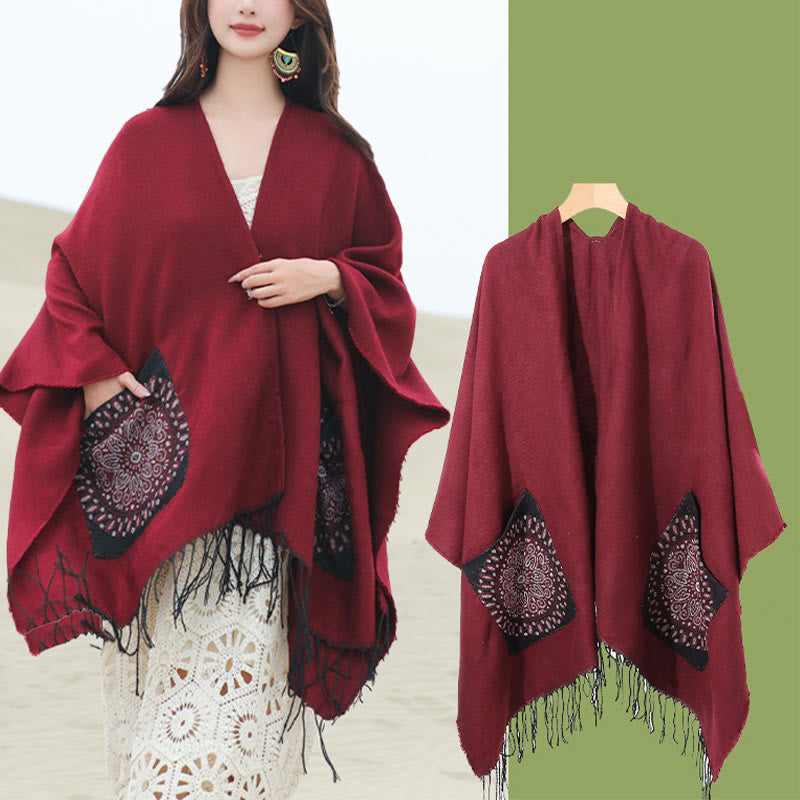 Chal con borlas y diseño de mandala redondo geométrico tibetano con Buddha Stones para otoño e invierno, bufanda acogedora con bolsillos