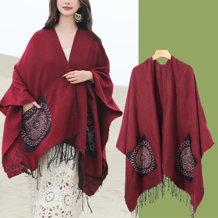 Chal con borlas y diseño de mandala redondo geométrico tibetano con Buddha Stones para otoño e invierno, bufanda acogedora con bolsillos