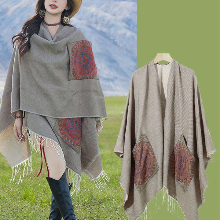 Chal con borlas y diseño de mandala redondo geométrico tibetano con Buddha Stones para otoño e invierno, bufanda acogedora con bolsillos