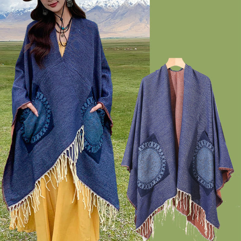 Chal con borlas y diseño de mandala redondo geométrico tibetano con Buddha Stones para otoño e invierno, bufanda acogedora con bolsillos