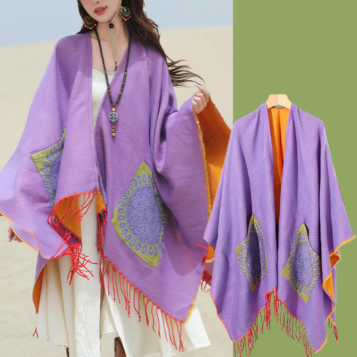 Chal con borlas y diseño de mandala redondo geométrico tibetano con Buddha Stones para otoño e invierno, bufanda acogedora con bolsillos