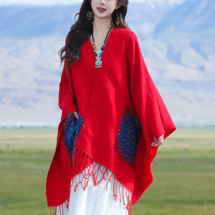 Chal con borlas y diseño de mandala redondo geométrico tibetano con Buddha Stones para otoño e invierno, bufanda acogedora con bolsillos