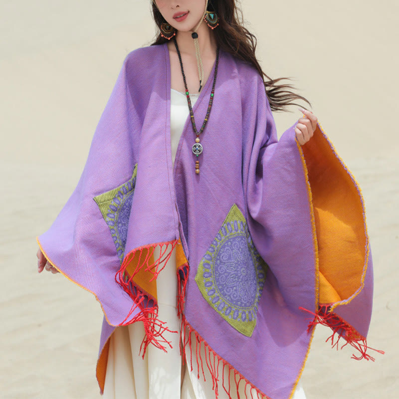 Chal con borlas y diseño de mandala redondo geométrico tibetano con Buddha Stones para otoño e invierno, bufanda acogedora con bolsillos