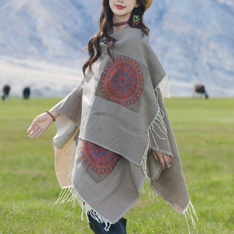 Chal con borlas y diseño de mandala redondo geométrico tibetano con Buddha Stones para otoño e invierno, bufanda acogedora con bolsillos