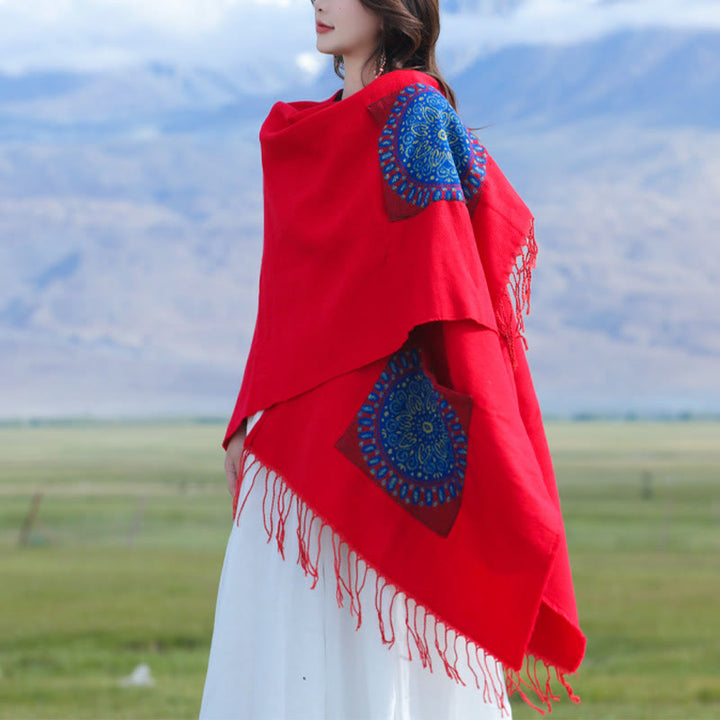 Chal con borlas y diseño de mandala redondo geométrico tibetano con Buddha Stones para otoño e invierno, bufanda acogedora con bolsillos
