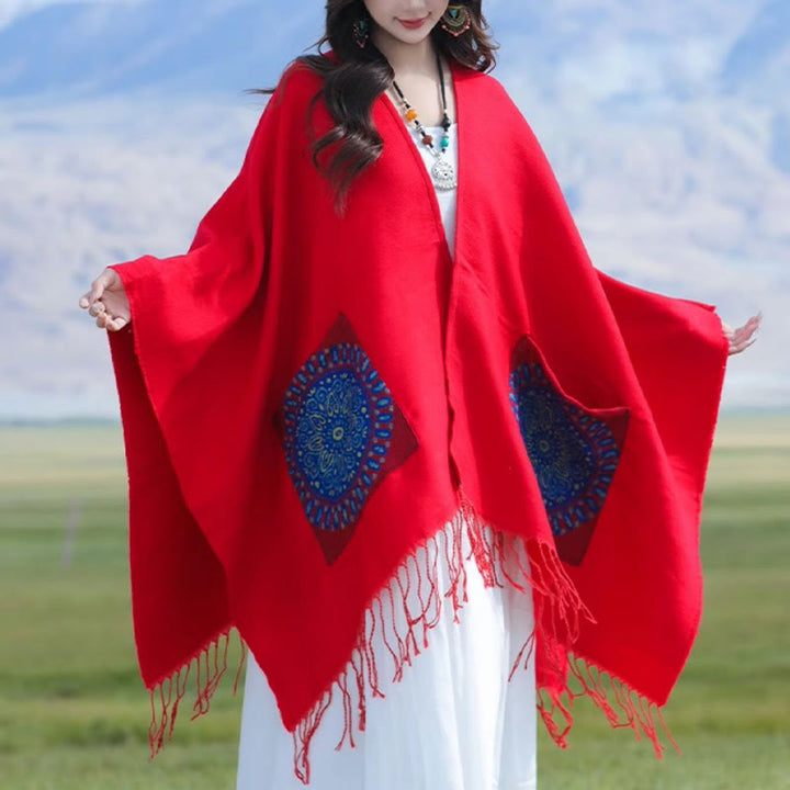 Chal con borlas y diseño de mandala redondo geométrico tibetano con Buddha Stones para otoño e invierno, bufanda acogedora con bolsillos