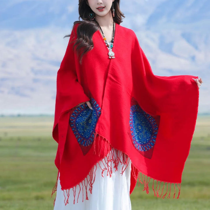 Chal con borlas y diseño de mandala redondo geométrico tibetano con Buddha Stones para otoño e invierno, bufanda acogedora con bolsillos