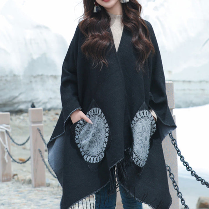 Chal con borlas y diseño de mandala redondo geométrico tibetano con Buddha Stones para otoño e invierno, bufanda acogedora con bolsillos