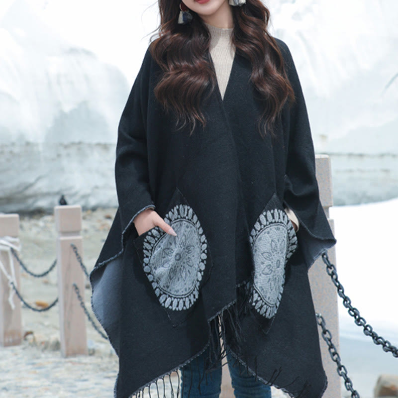 Chal con borlas y diseño de mandala redondo geométrico tibetano con Buddha Stones para otoño e invierno, bufanda acogedora con bolsillos - Negro - 140 x 155 cm - image 6
