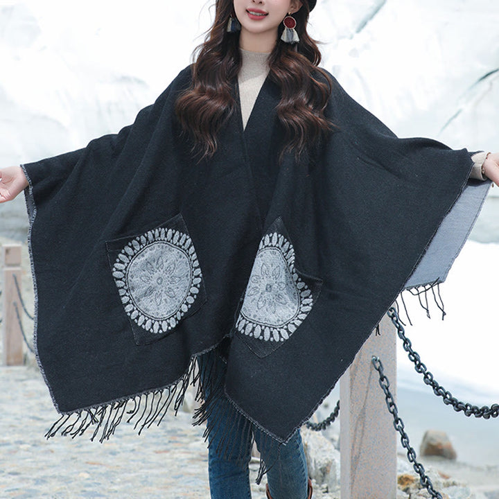 Chal con borlas y diseño de mandala redondo geométrico tibetano con Buddha Stones para otoño e invierno, bufanda acogedora con bolsillos
