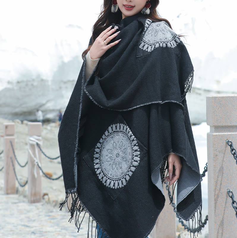 Chal con borlas y diseño de mandala redondo geométrico tibetano con Buddha Stones para otoño e invierno, bufanda acogedora con bolsillos
